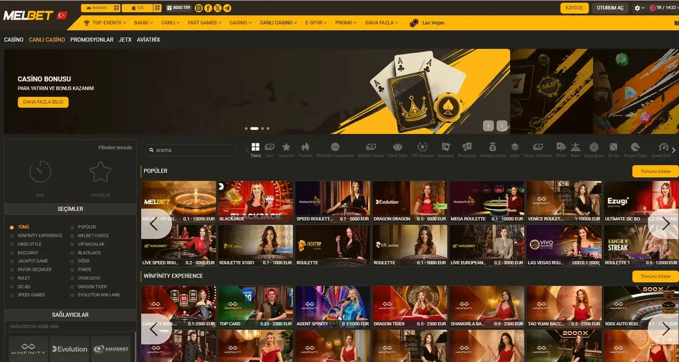 Melbet canlı casino mobil masaları