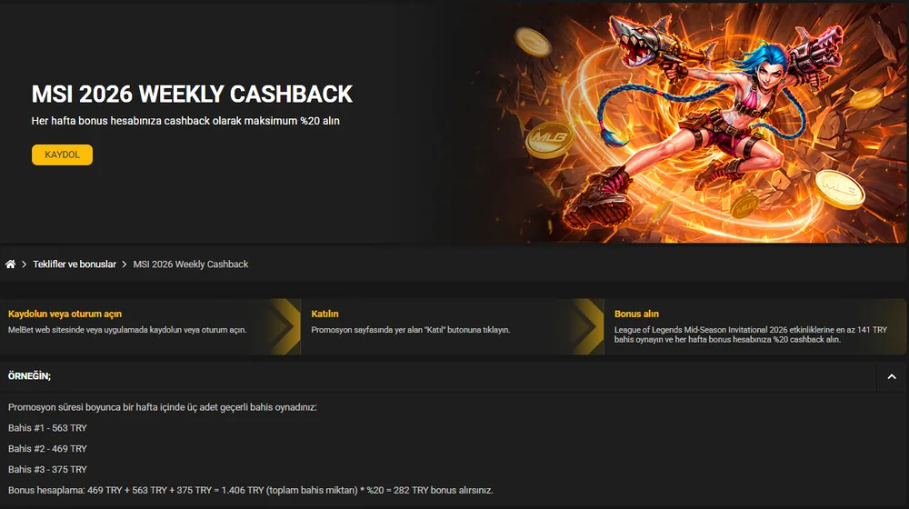 Melbet bonus kampanyası MSI 2026: %20 haftalık cashback ve hesaplama örneği